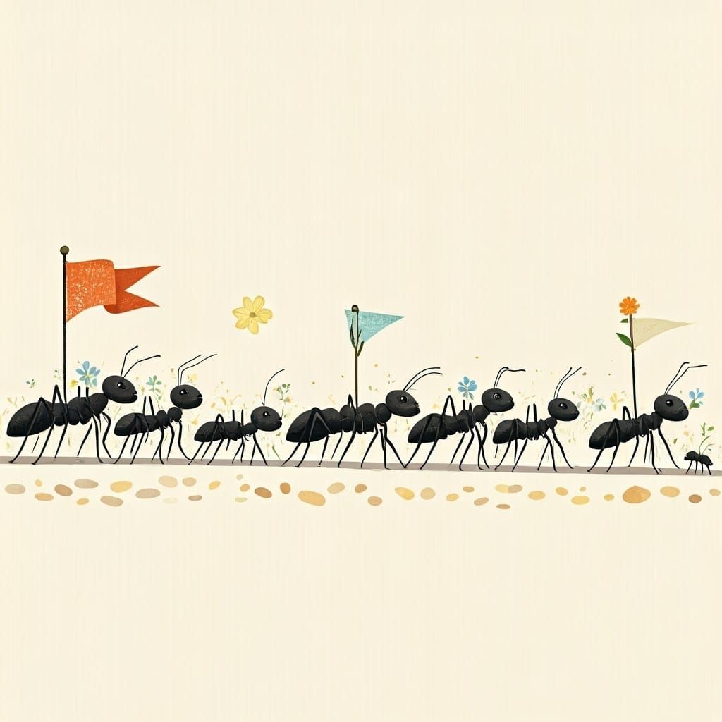 Joyful Ant Parade in Whimsical Hand-Drawn Style