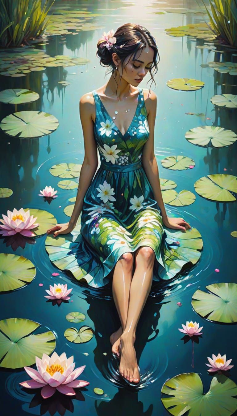 Woman in Lily Pad Dress by Calm Lake