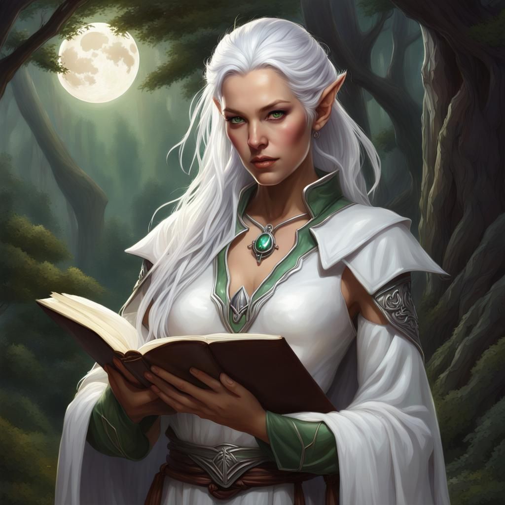 Moon Elf Cleric Reading Book in Forest