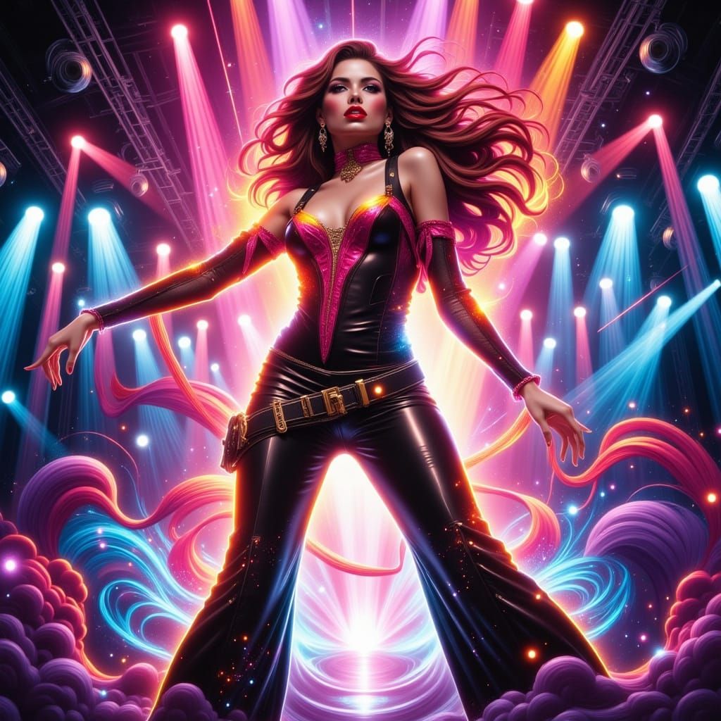 Vibrant Pop Star Performs on Futuristic Stage