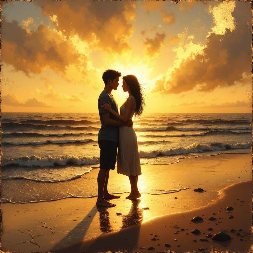 Golden Couple Embracing at Sunset on Seashore