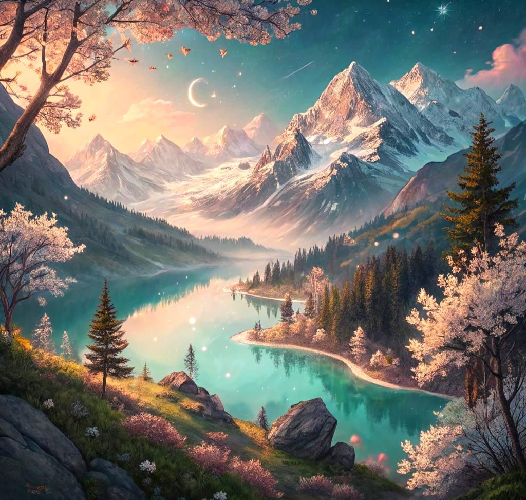 Alpine Lake Shimmers in Impressionist Watercolour