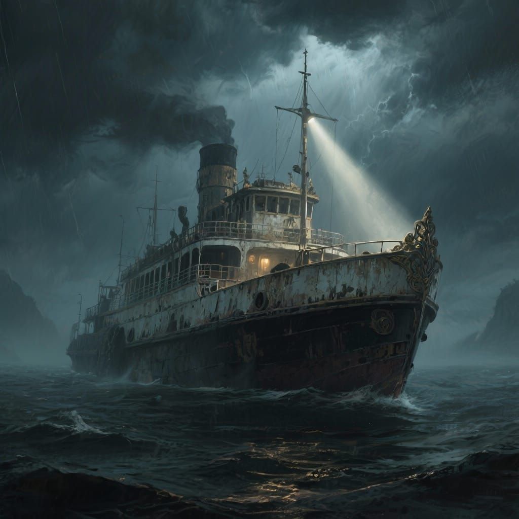 Ethereal Ferry Boat Adrift in Stormy Seas