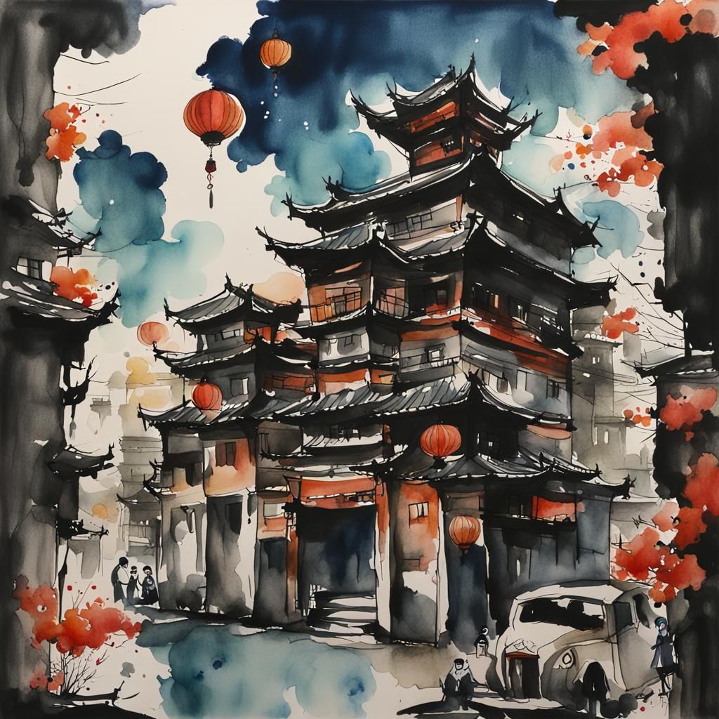 Oriental Folk Art Street Scene in Watercolor