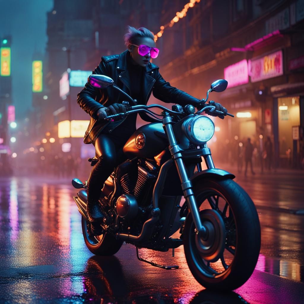 Fairytale Biker Rides City Street at Night