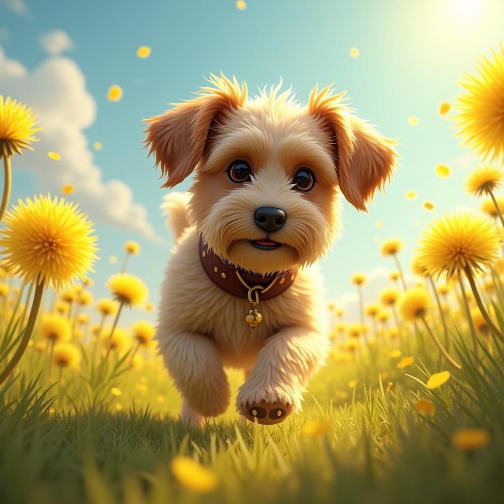 Scruffy Dog Sniffs Dandelions in Whimsical Meadow