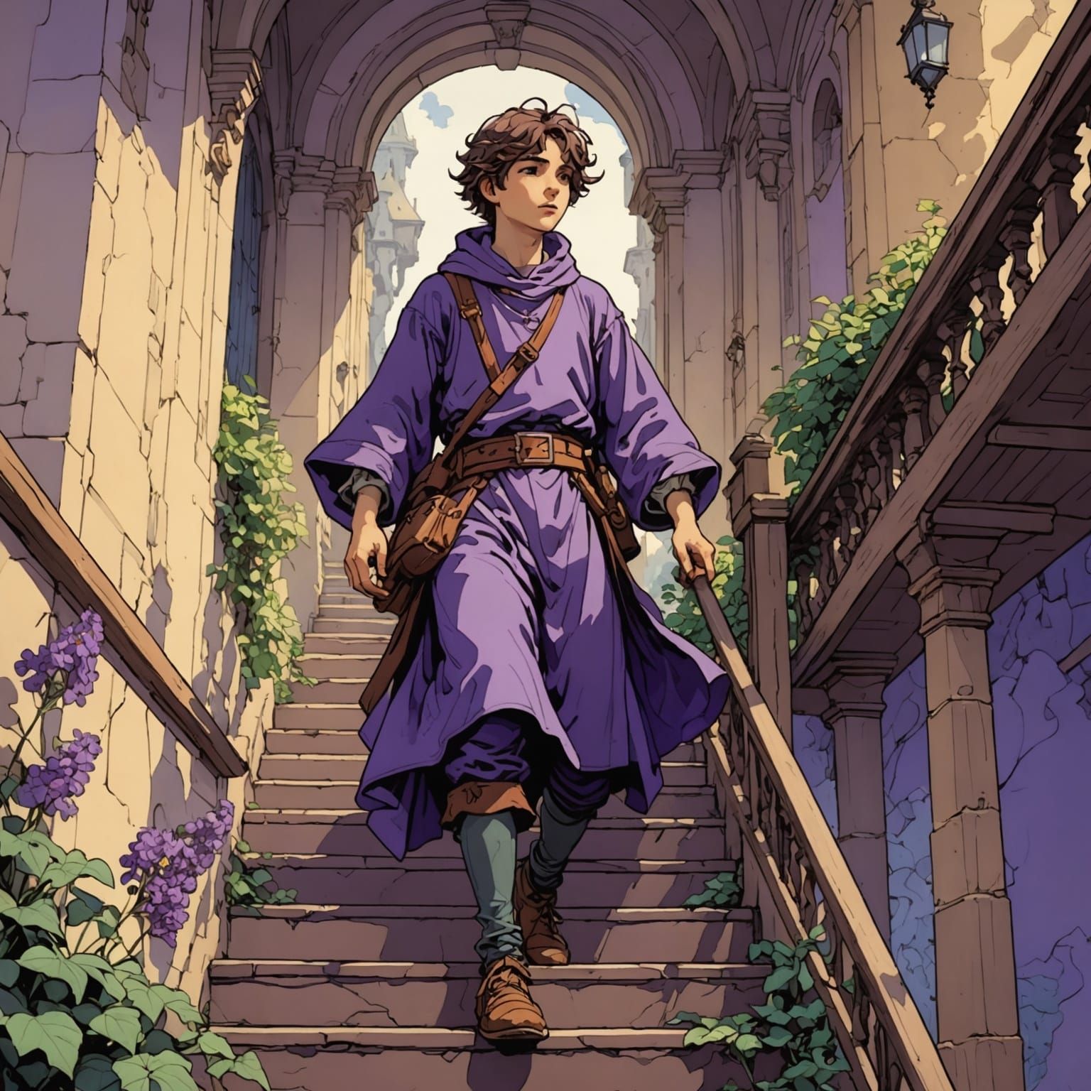 Ethereal Medieval Boy Descends Stairs in Vibrant Colors
