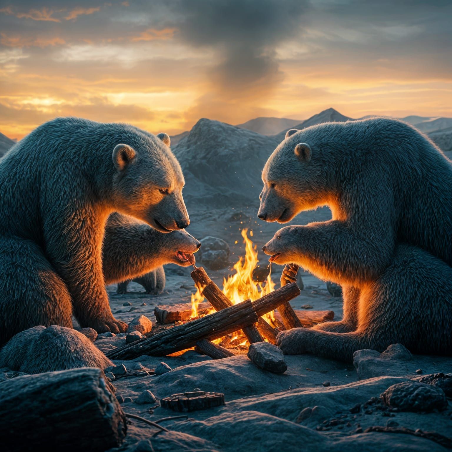 Fantastical Polar Bears Gather Around a Campfire in a Vivid,...