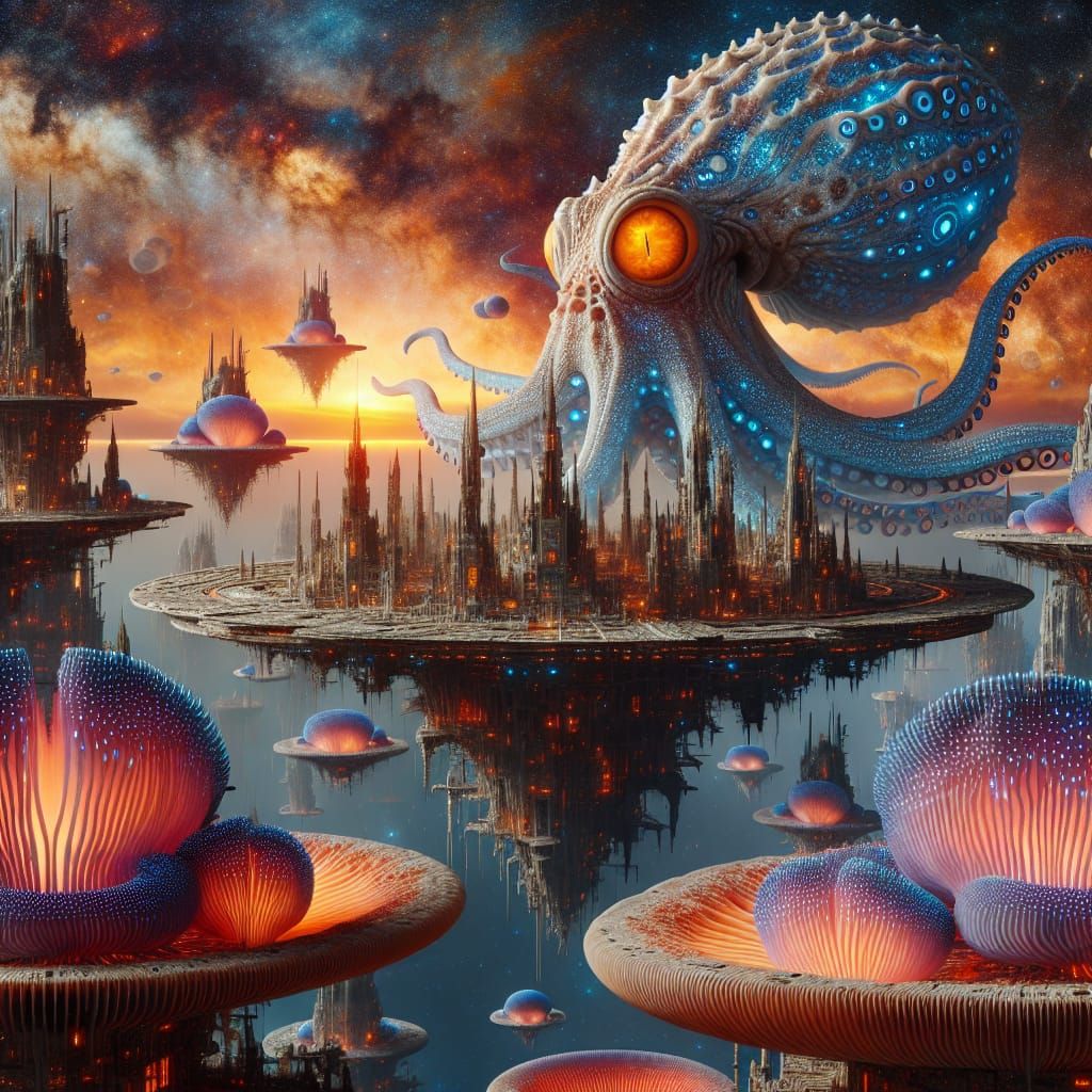 Cosmic Octopus Invades Floating City in Vibrant Outer Space