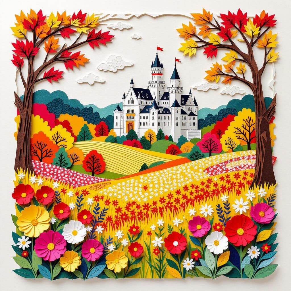 Fantasy Kingdom with Autumn Forest in Kirigami Style