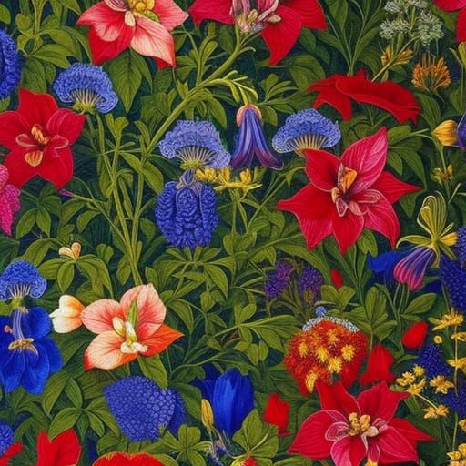 Blue Trumpet Flowers in Pre-Raphaelite Style