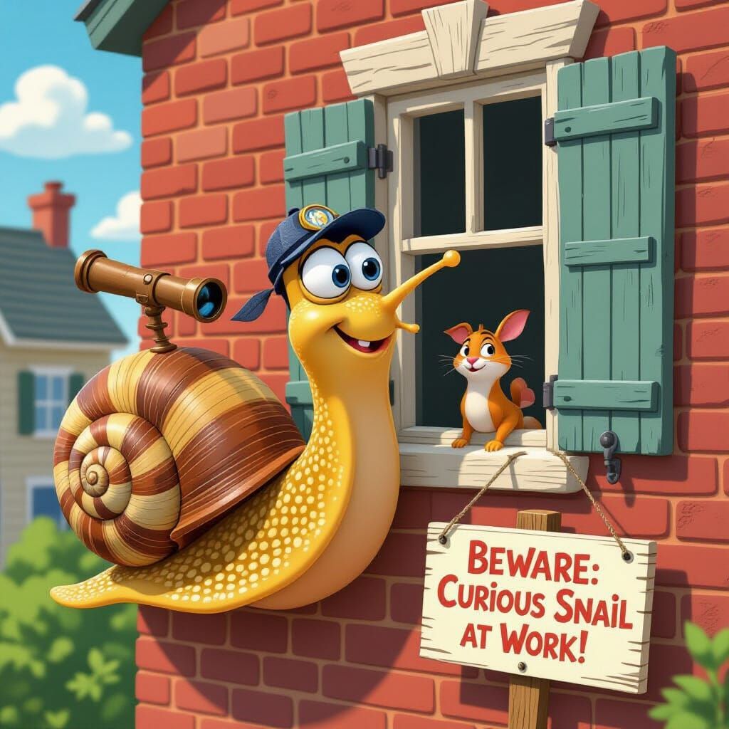 A curious cartoon-style snail with an extra long neck stretc...