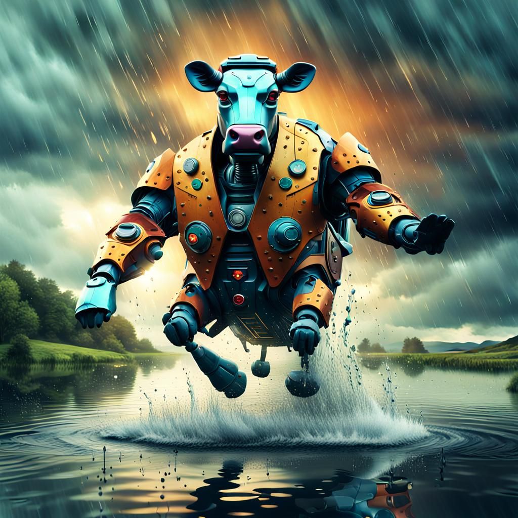 Robot Cow Jumps in Irish Lake: Digital Painting