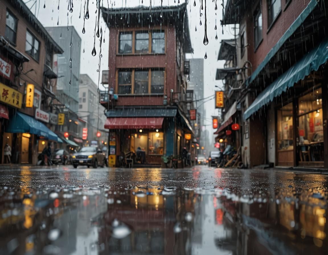 Rainy Street Scene in Oriental Painting Style
