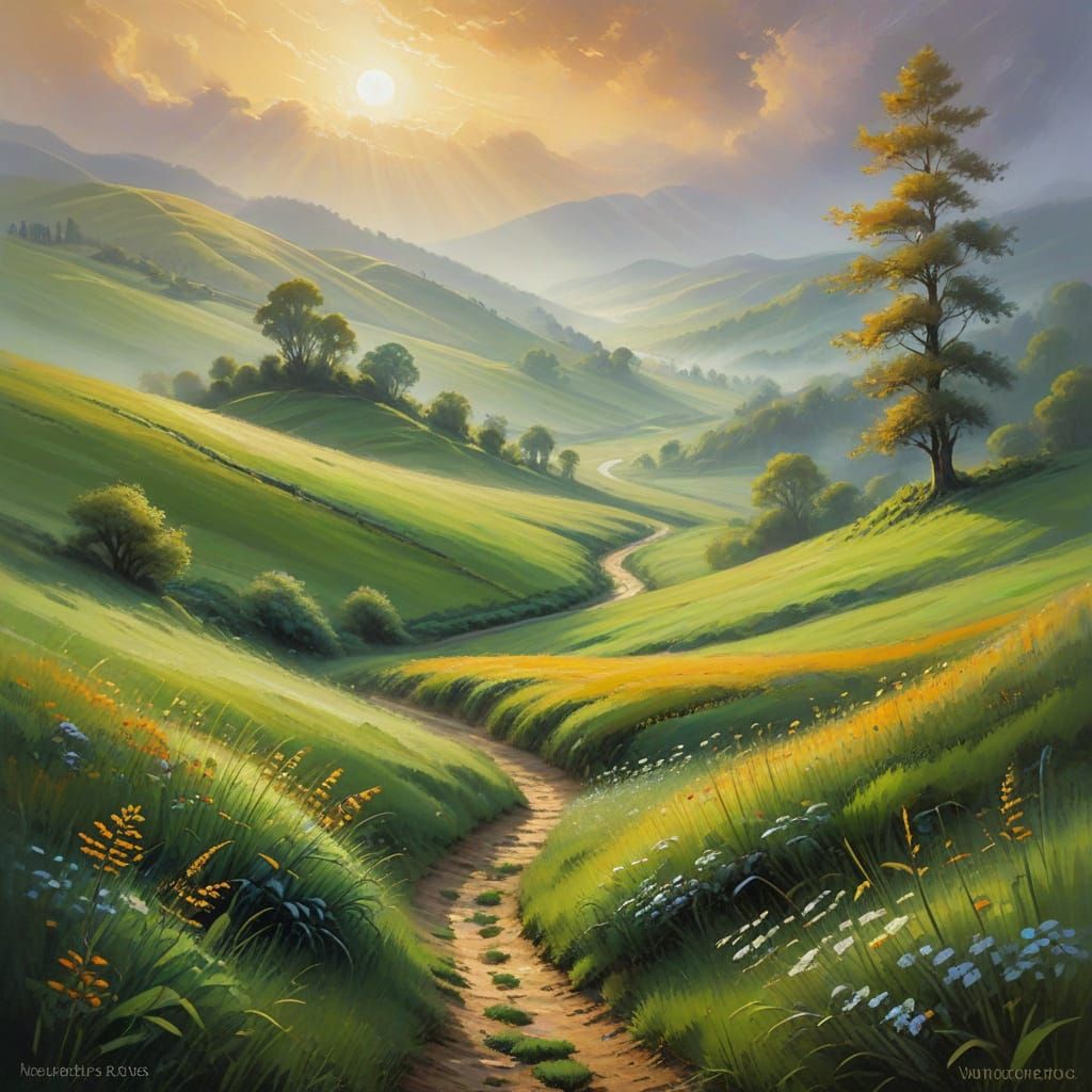 Idyllic Landscape Painting of Footpath Through Misty Hills