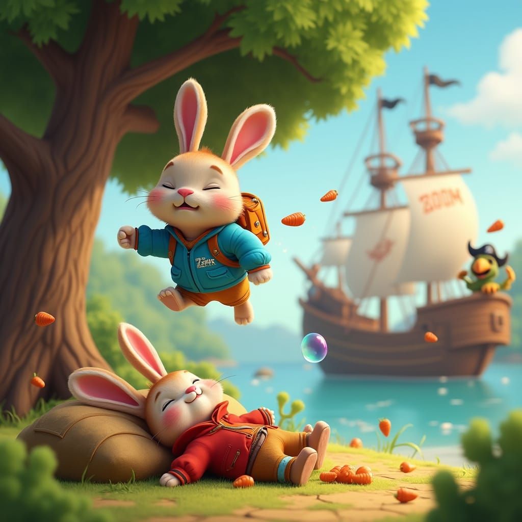 Zippy and Zoom: Cartoon Rabbit Adventure in Pixar Style