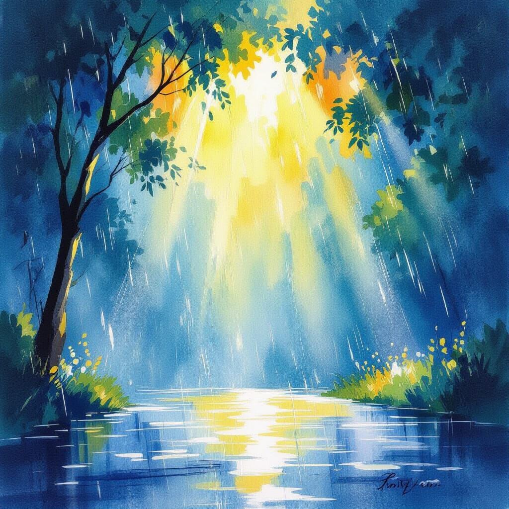 Watercolor Rain Shower with Sunbeam Breaking Through