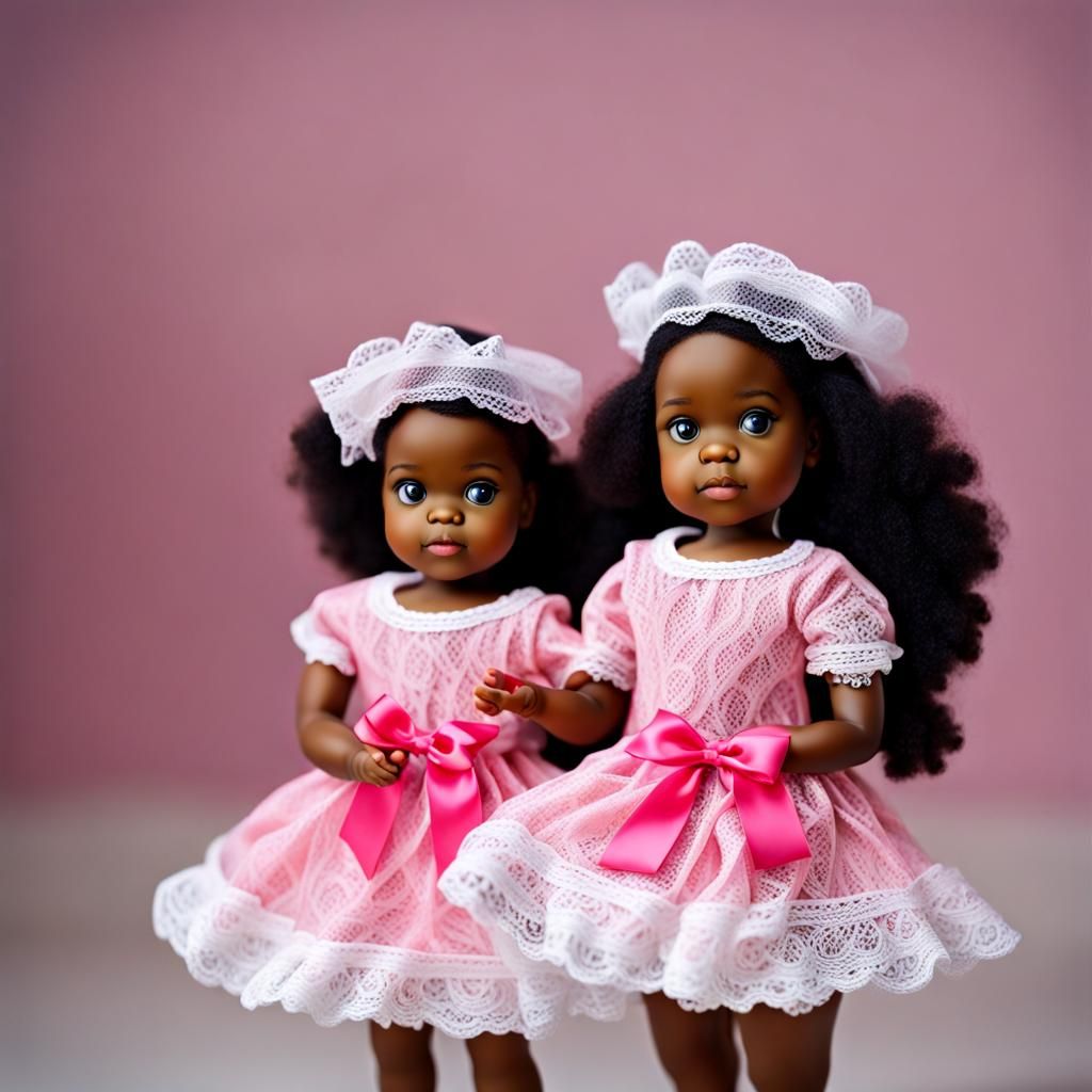 Twin Dolls in Pink Dresses Holding Gifts