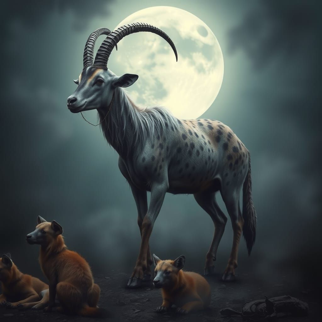 Dreamlike Goat-Hyena Hybrid in Moonlit Mystique