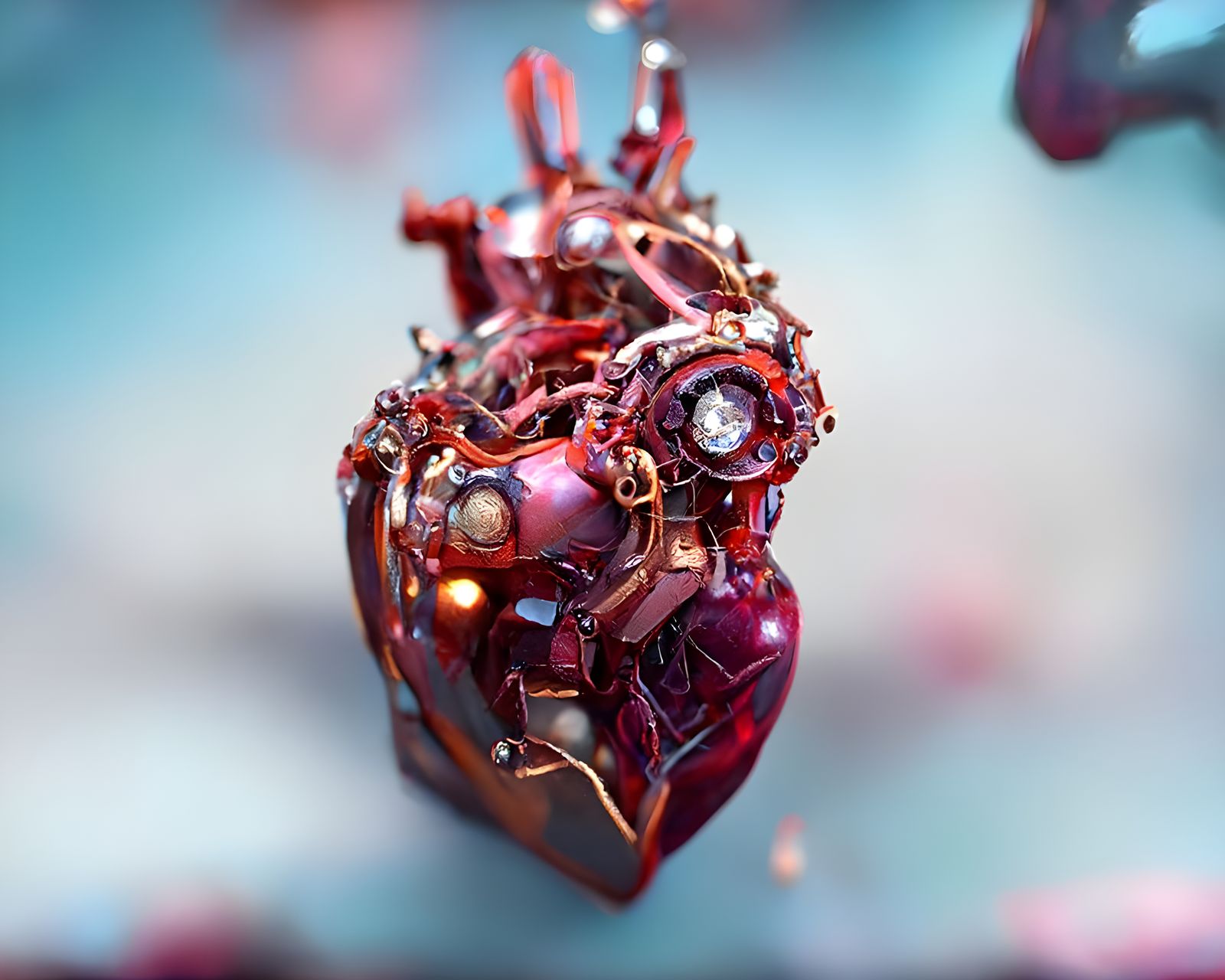 A beautiful mechanical heart made of rubies and copper