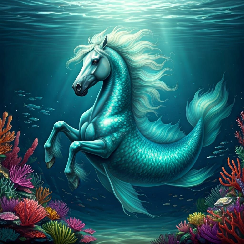 Dreamlike Underwater Horse-Fish Hybrid in Digital Art