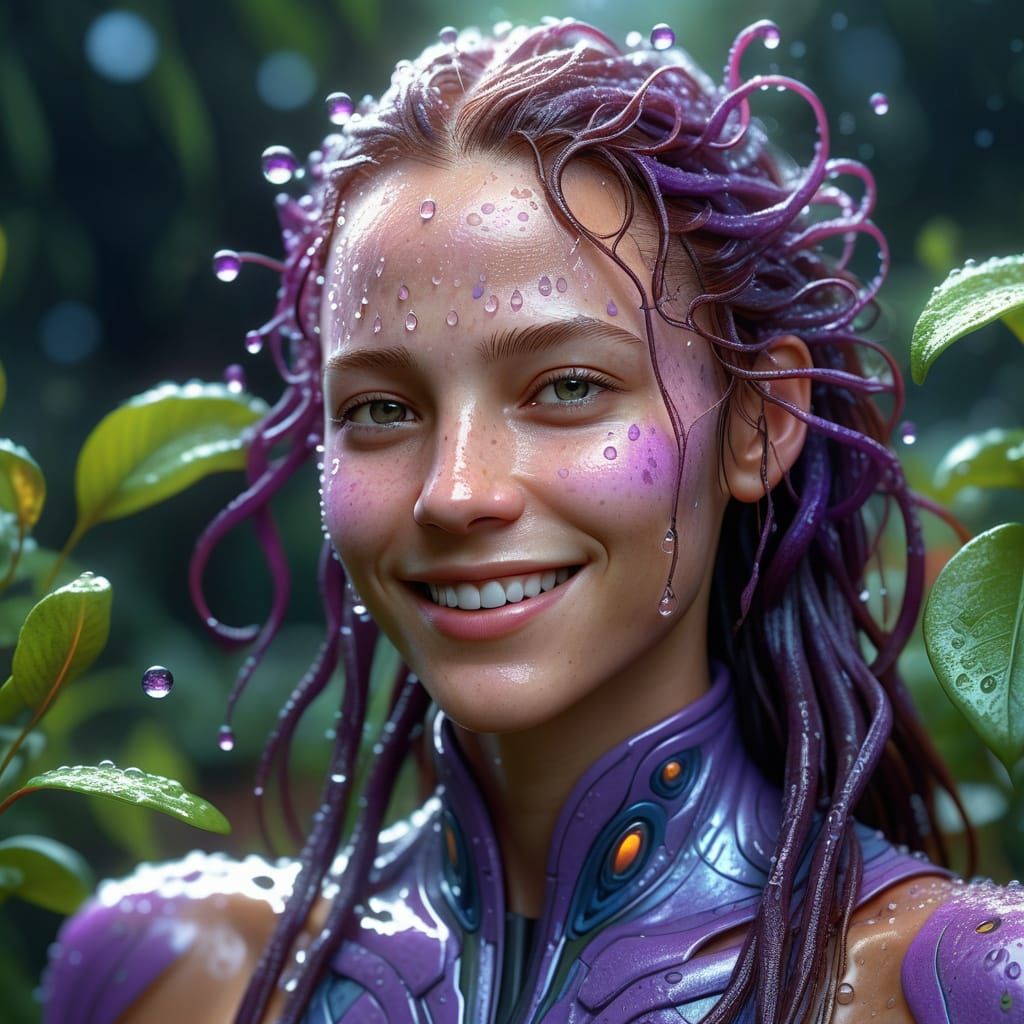 Ethereal Purple Plant Woman in Vibrant Garden