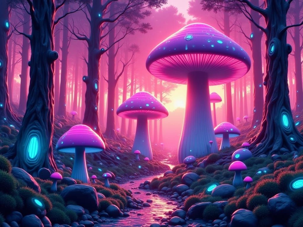 Whimsical image of overly large, brightly colored cartoonish mushrooms set in a whimsical fantasy forest scene. 8K resol...