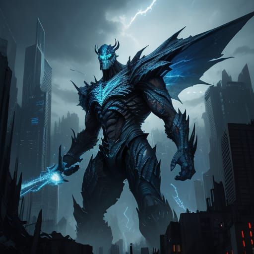 Massive Monster Roars in Ruined City - Vibrant Digital Art