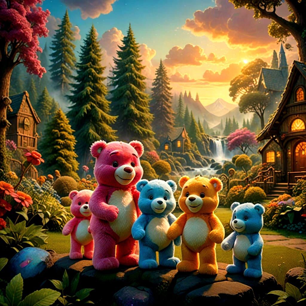 Whimsical Care Bears Scene in Cinematic Film Style