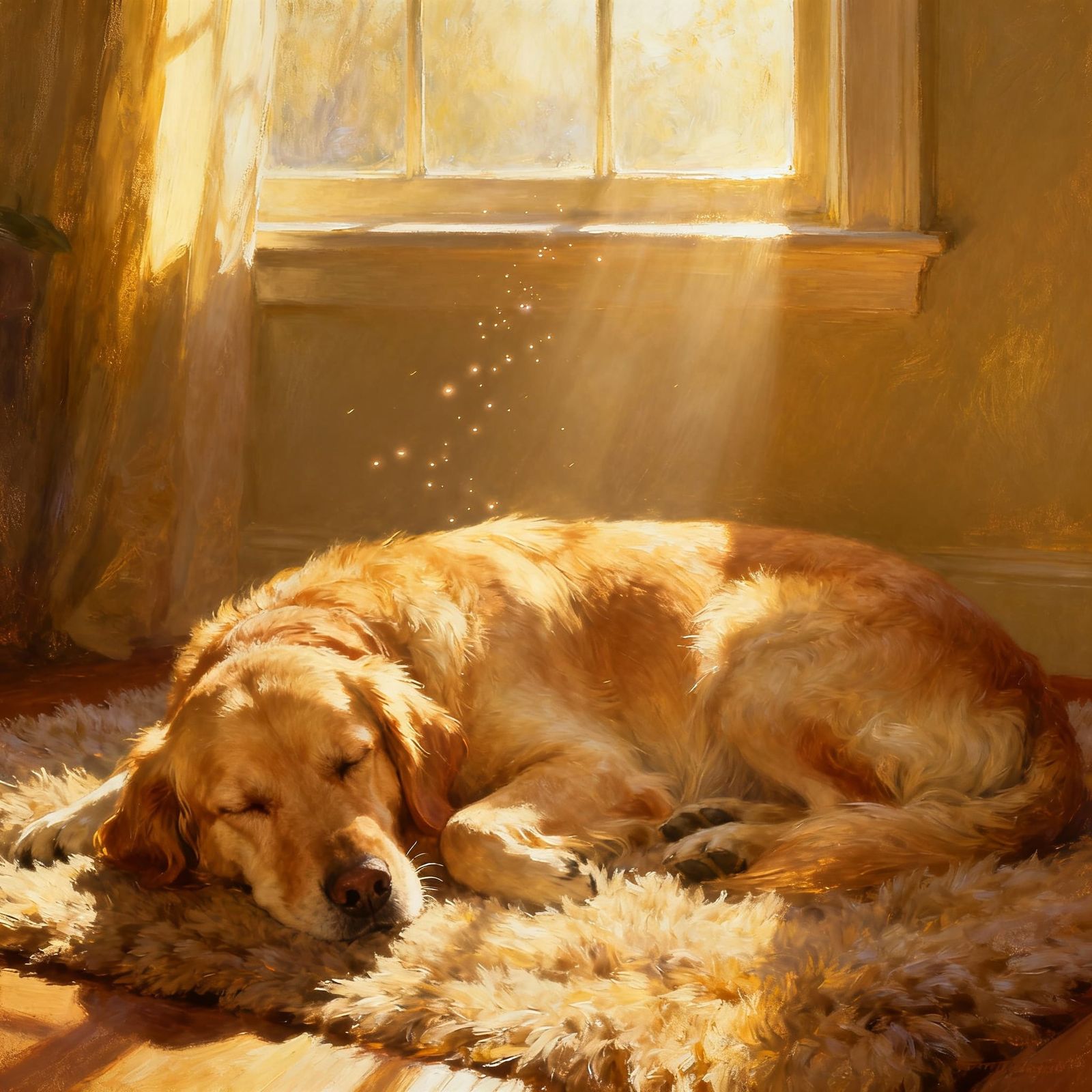 Golden Retriever Sleeping in Warm Sunrise Light