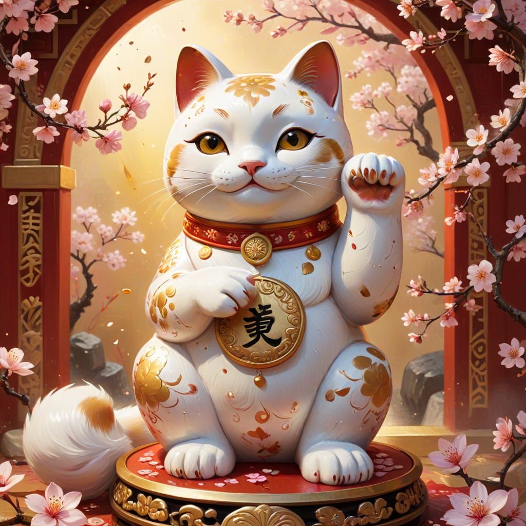 Maneki Neko Digital Painting with Cherry Blossoms