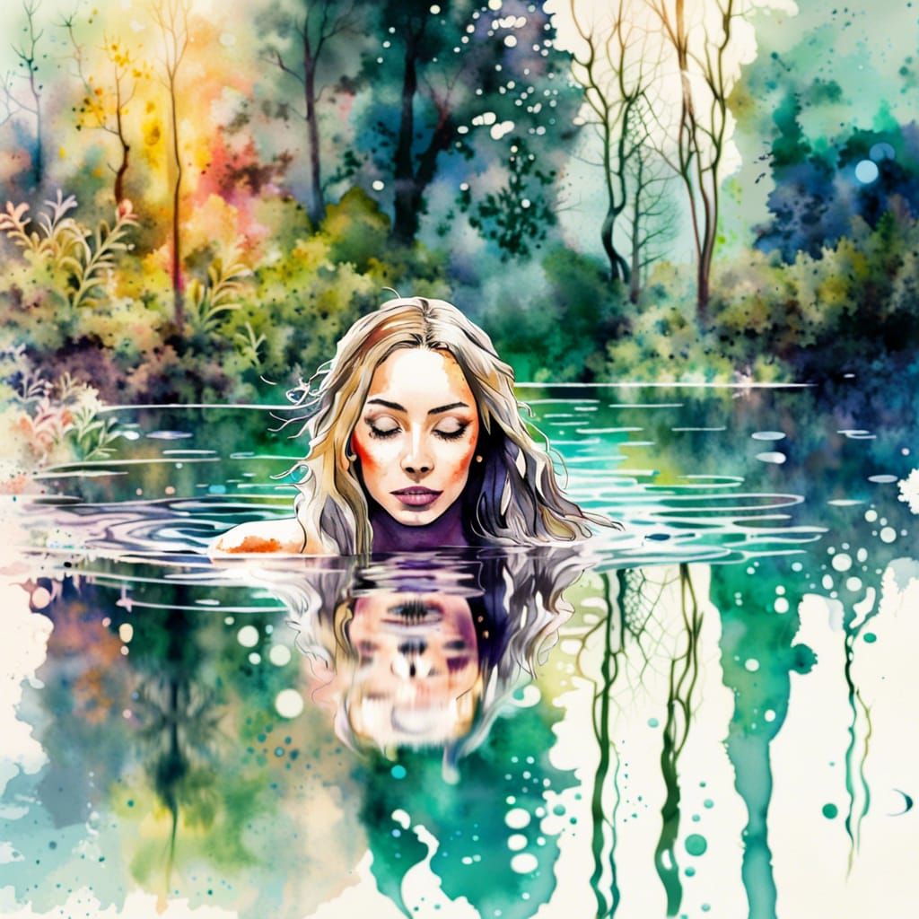 Woman Swimming in Pond with Watercolour Effects