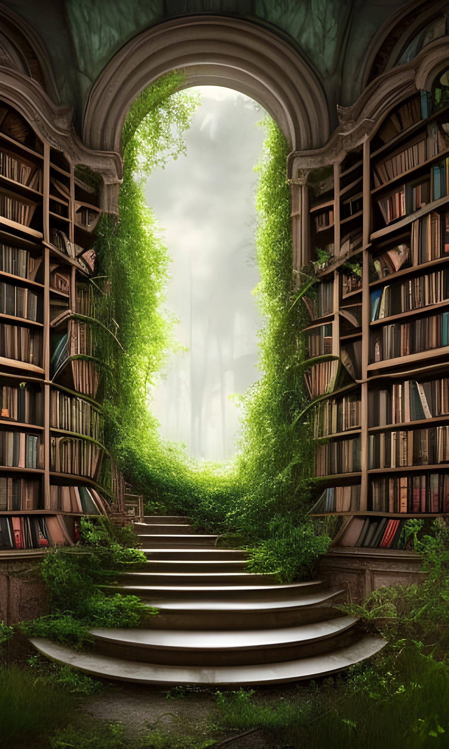 Ethereal Overgrown Library in Watercolor Style