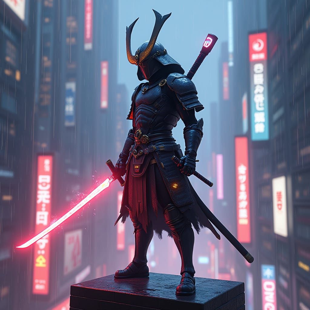Cyberpunk Samurai Warrior in Neon City, Anime Style