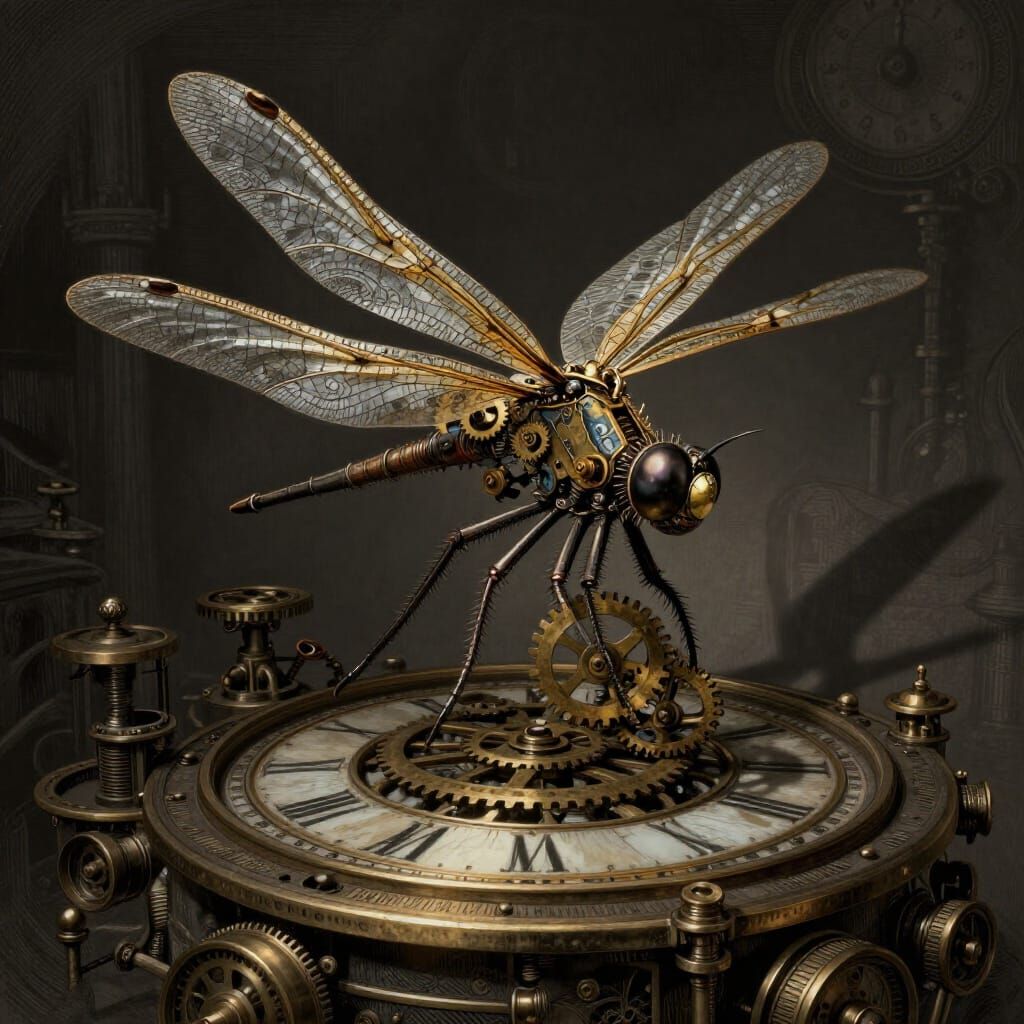 Steampunk Dragonfly on Clockwork Mechanism