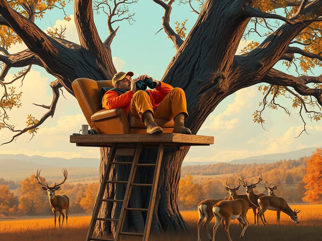 Hunter Sleeps in Treehouse with Deer Below