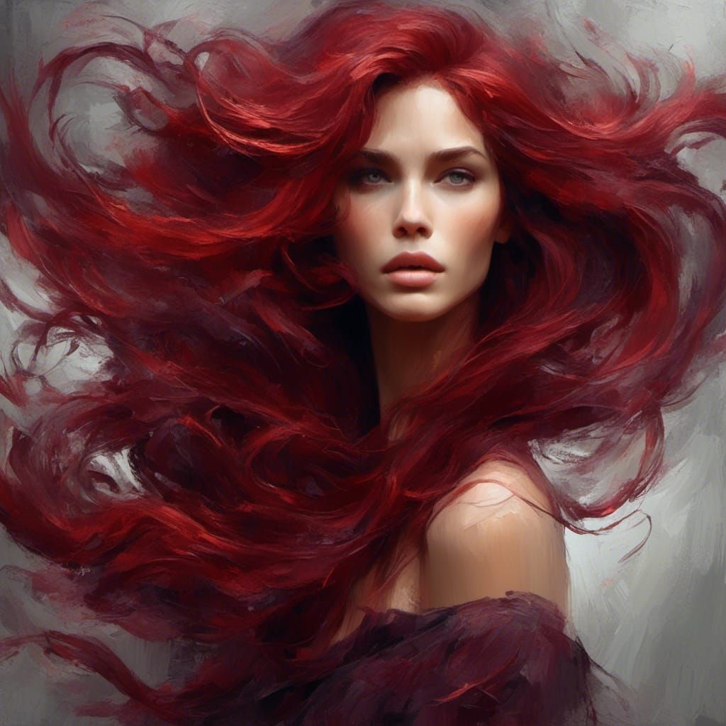 Beautiful Woman with Flowing Burgundy Hair Portrait