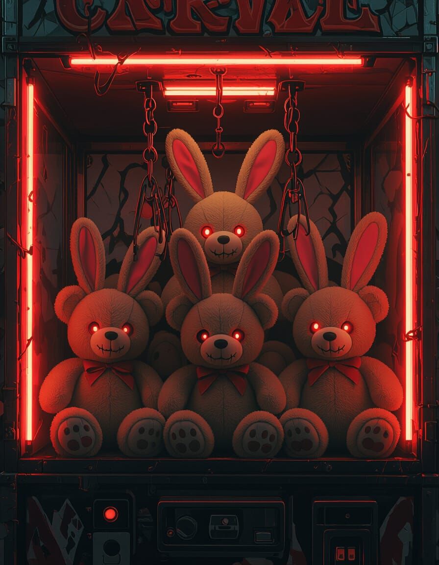 Sinister Carnival Claw Machine with Creepy Teddy Bears