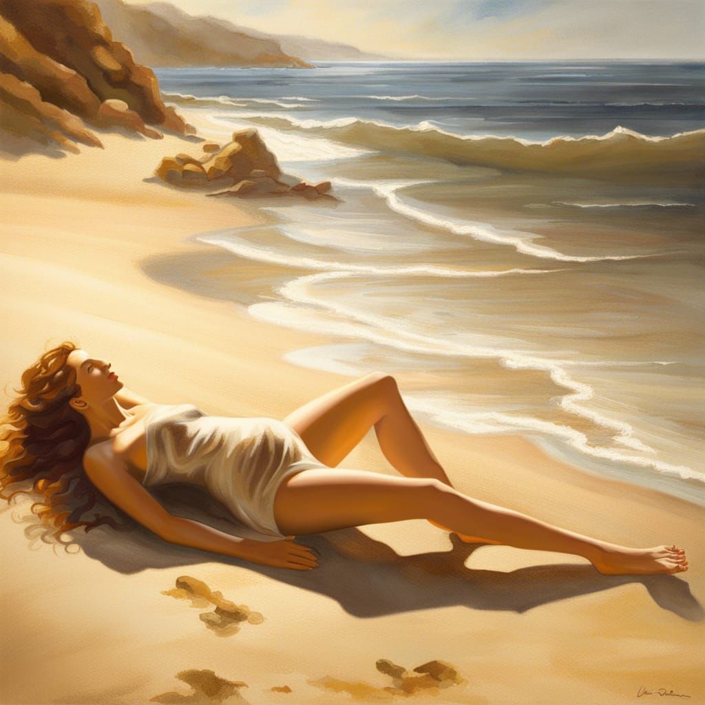 Woman Sunbathing on Beach in Leonardo da Vinci Style