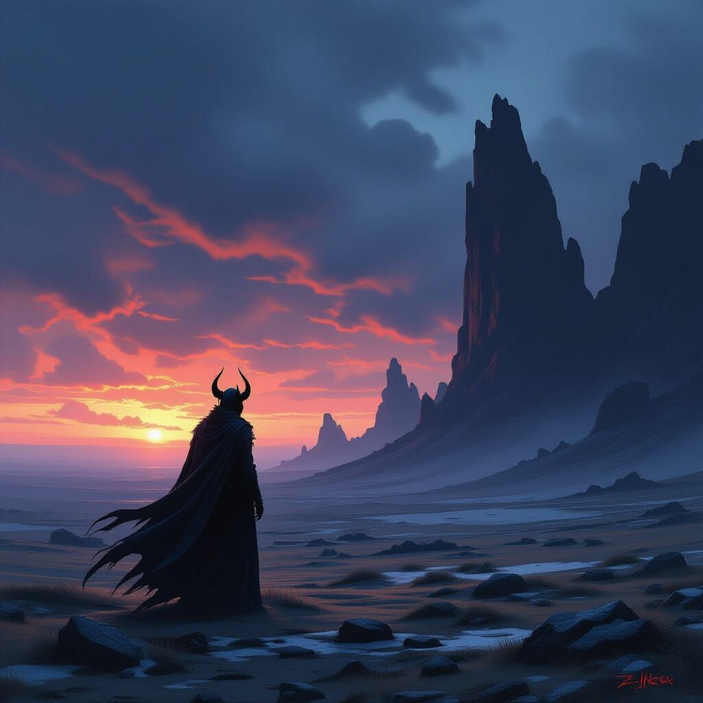 Tiefling on Windswept Moor Under Twilight Sky