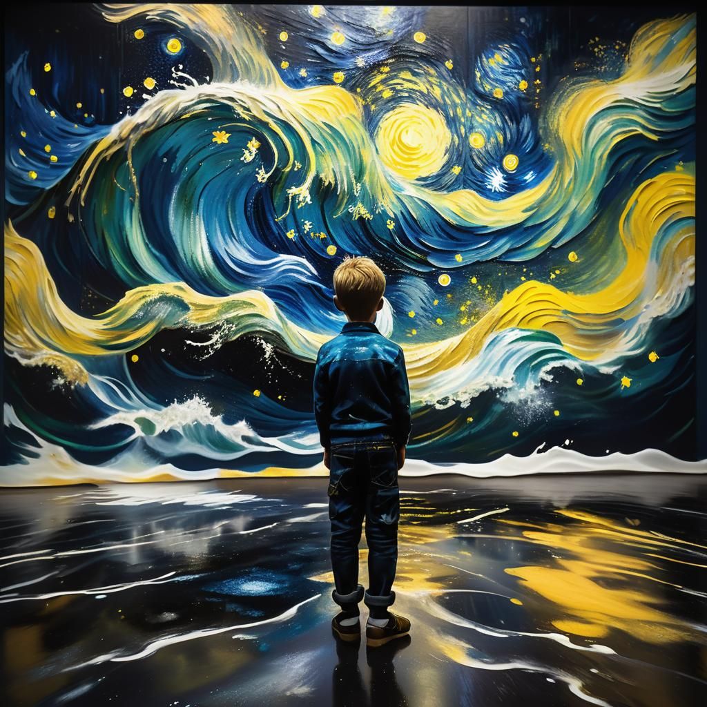 Boy in Front of Splashing Starry Night Painting