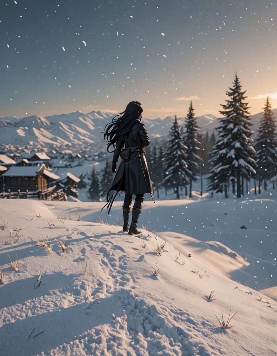 Anime Figure in Leather Outfit, Snowy Background