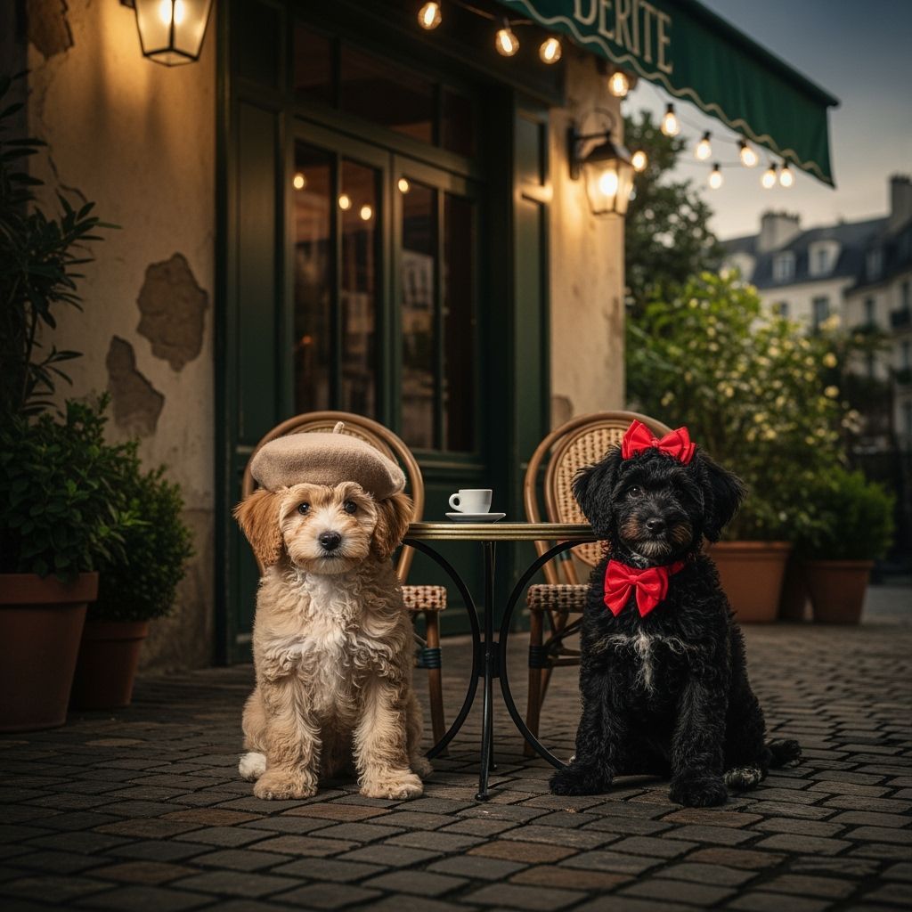 Puppies Enjoying Coffee at Quaint French Cafe