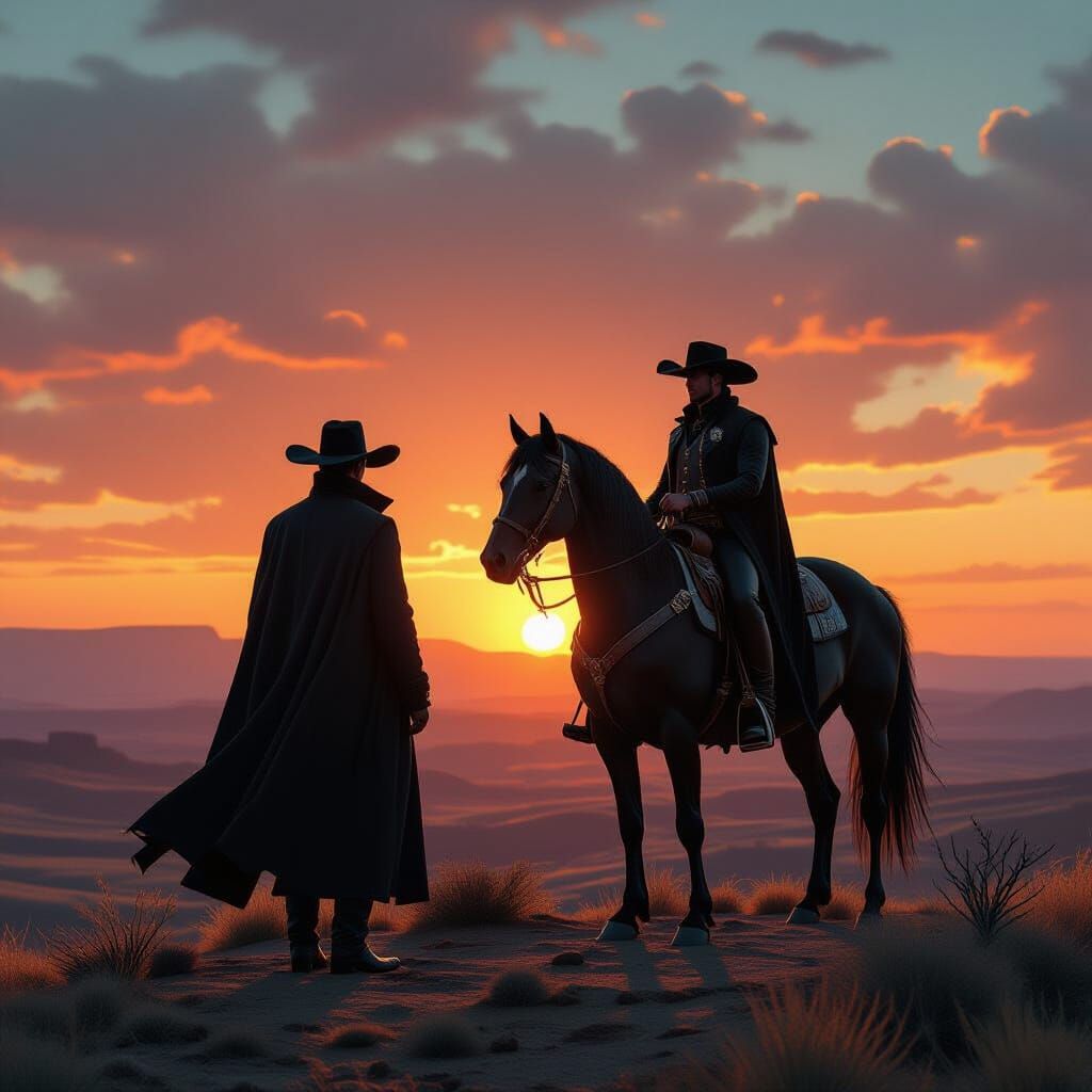 Cowboy and Stallion Silhouette at Sunset in Digital Art