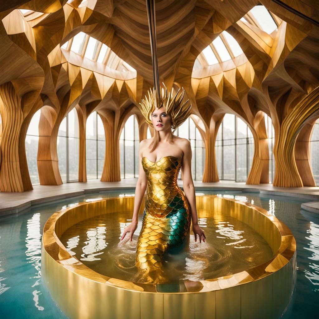 Futuristic Bathhouse with Mermaid in Gold Latex Costume