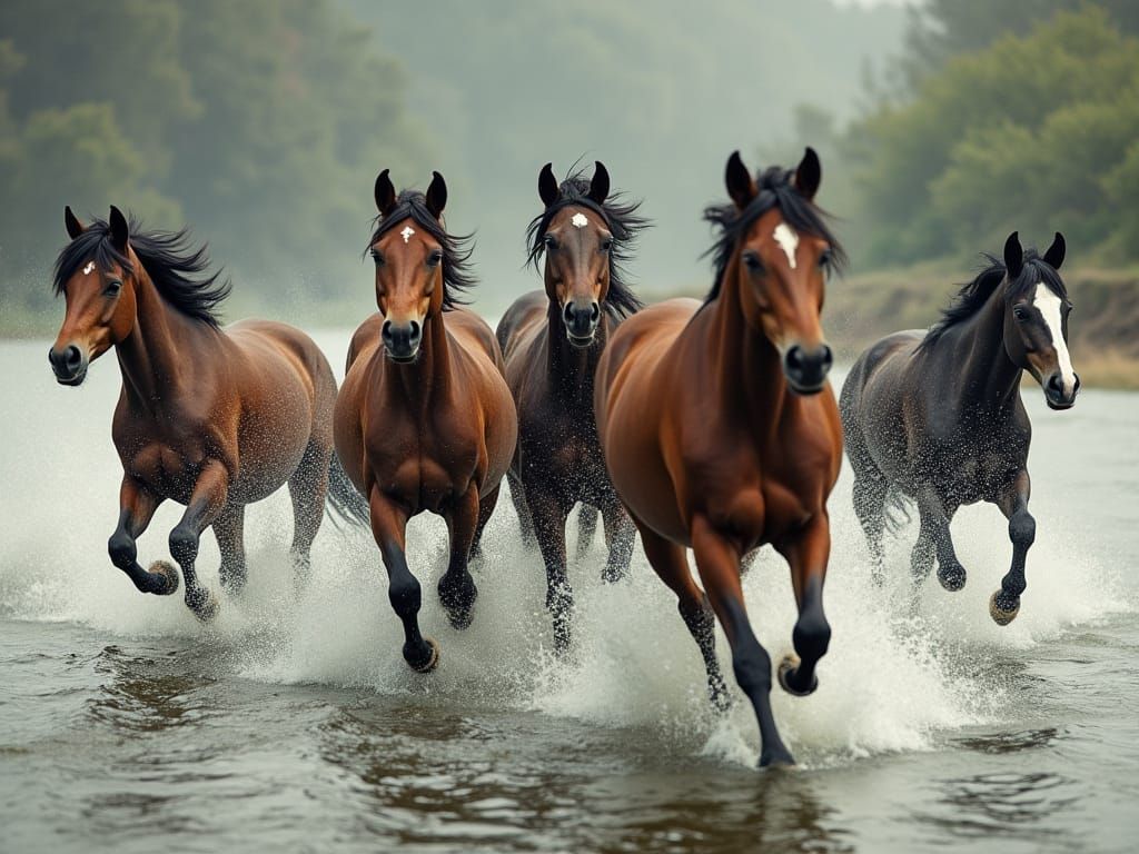 Horses Running from Wolves Across a River