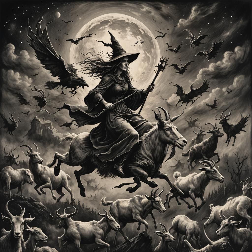 Witch on Goat Flying to Witches' Sabbath