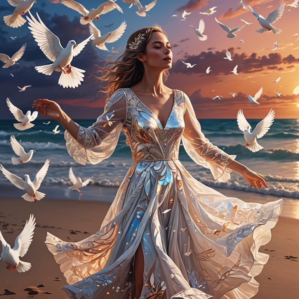 Woman Dancing in Doves at Sunset, Astral Illustration