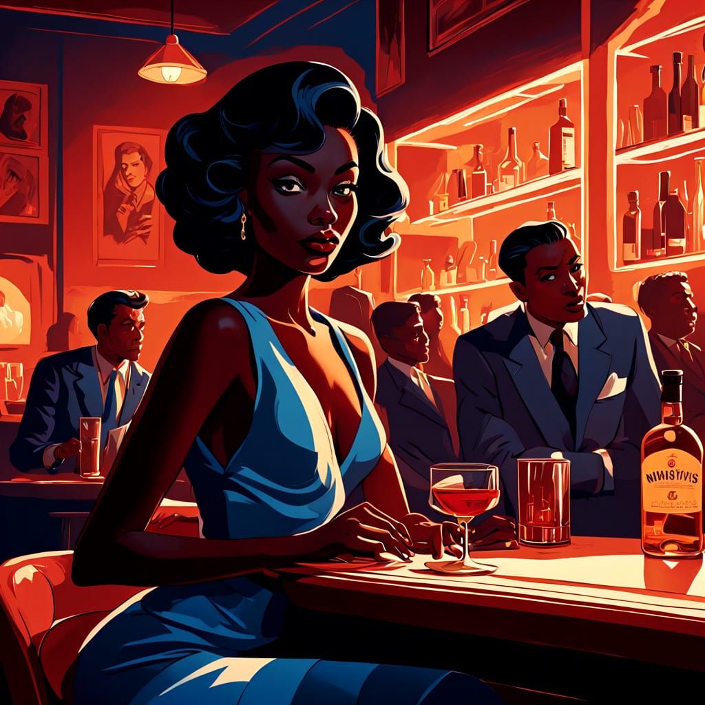 Noir Cartoon Lady in Smoky Bar with Whisky