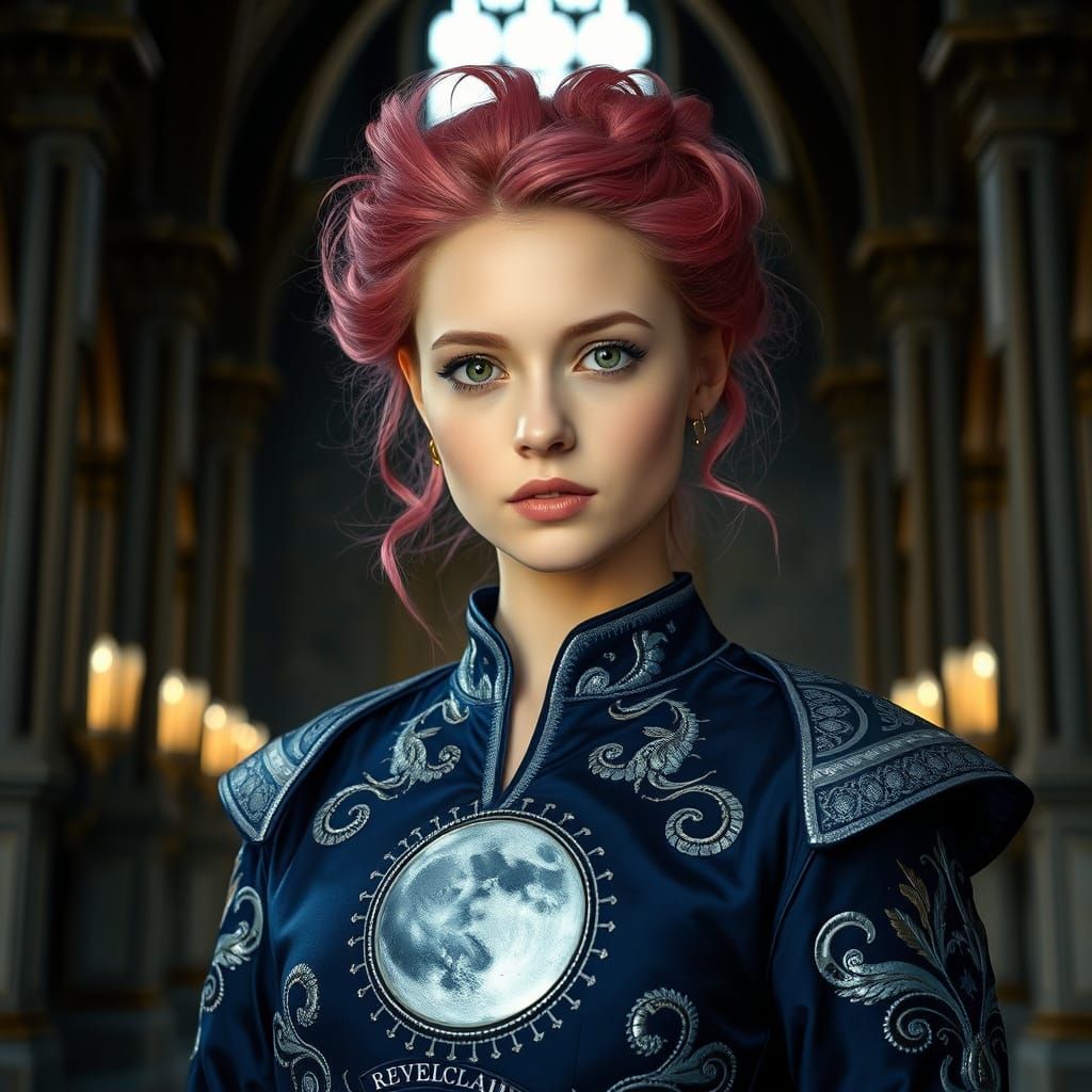 Regal Young Woman in Moon-Adorned Navy Jacket with Whimsical...